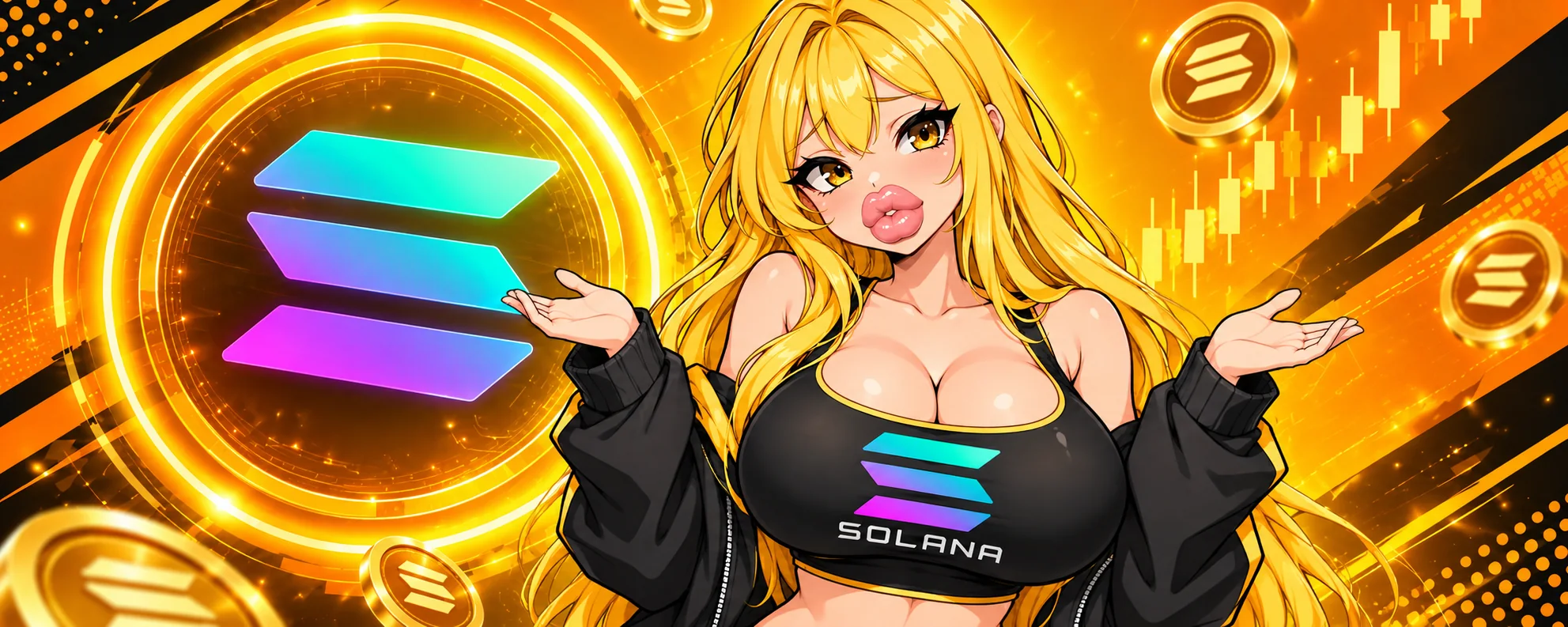 $SOL banner: the mascot shrugging in front of a glowing Solana logo, gold coins and a rising candlestick chart.