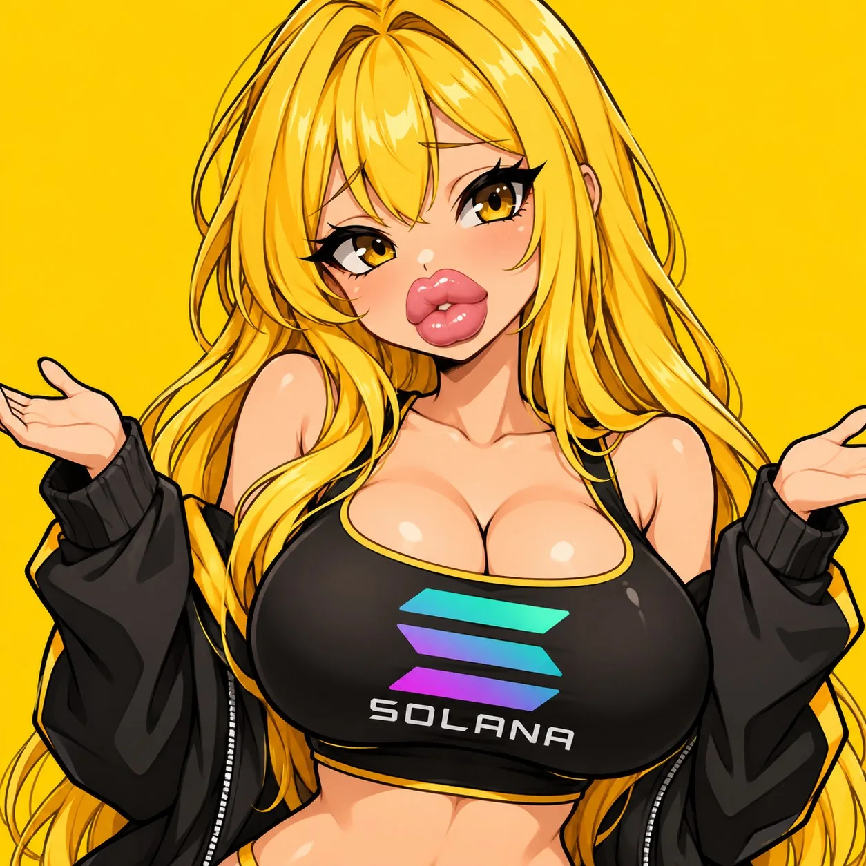 The $SOL mascot: a blonde anime girl in a black Solana crop top, shrugging.